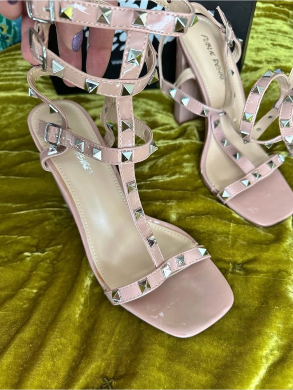 Public Desire Size 9 Studded T-Strap Block Heel Sandals - Blush Pink